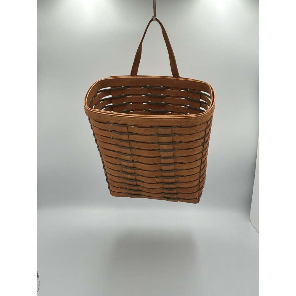 Vintage 1989 Longaberger Wall Hanging Basket Leather Handles Woven Wood USA